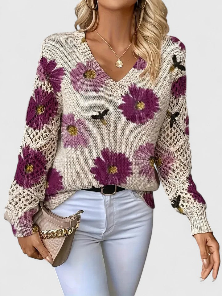 Frida™ | Elegant stickad tröja med blommiga detaljer