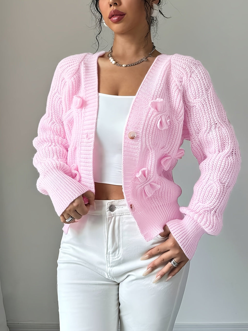 Elowen | Women's Bow Detail V Neck Knit Cardigan