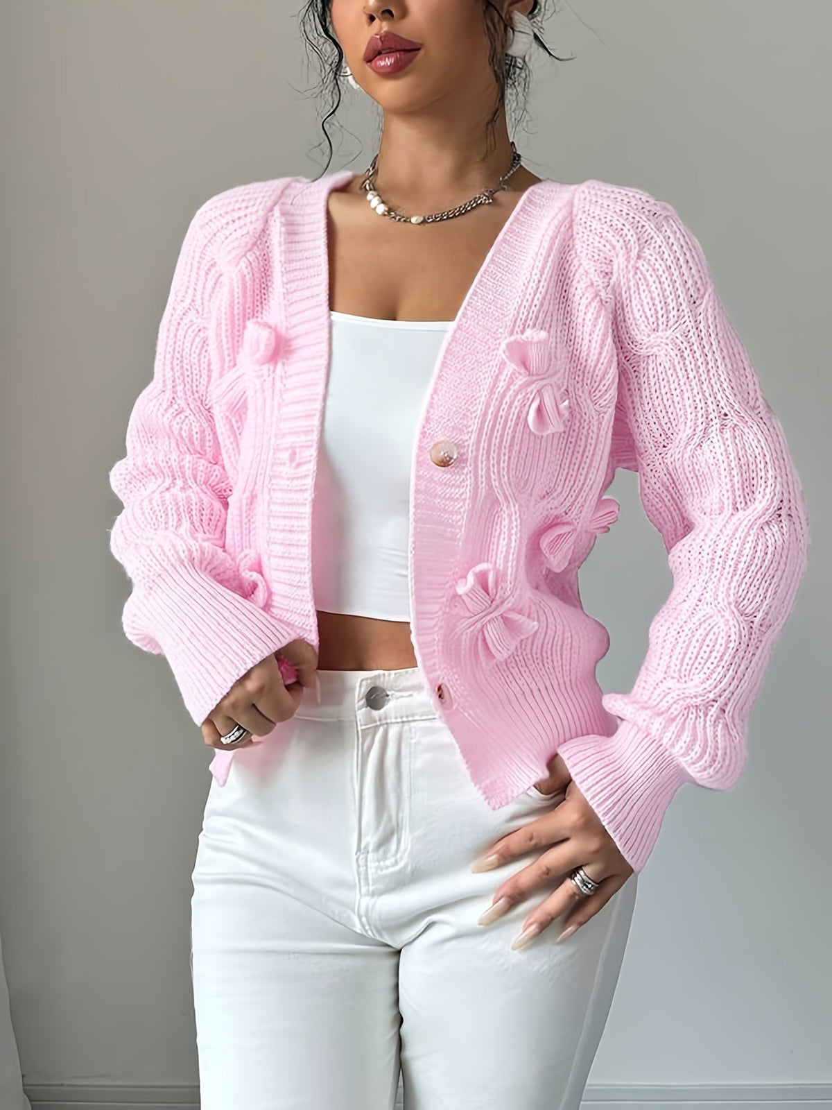 Elowen | Women's Bow Detail V Neck Knit Cardigan