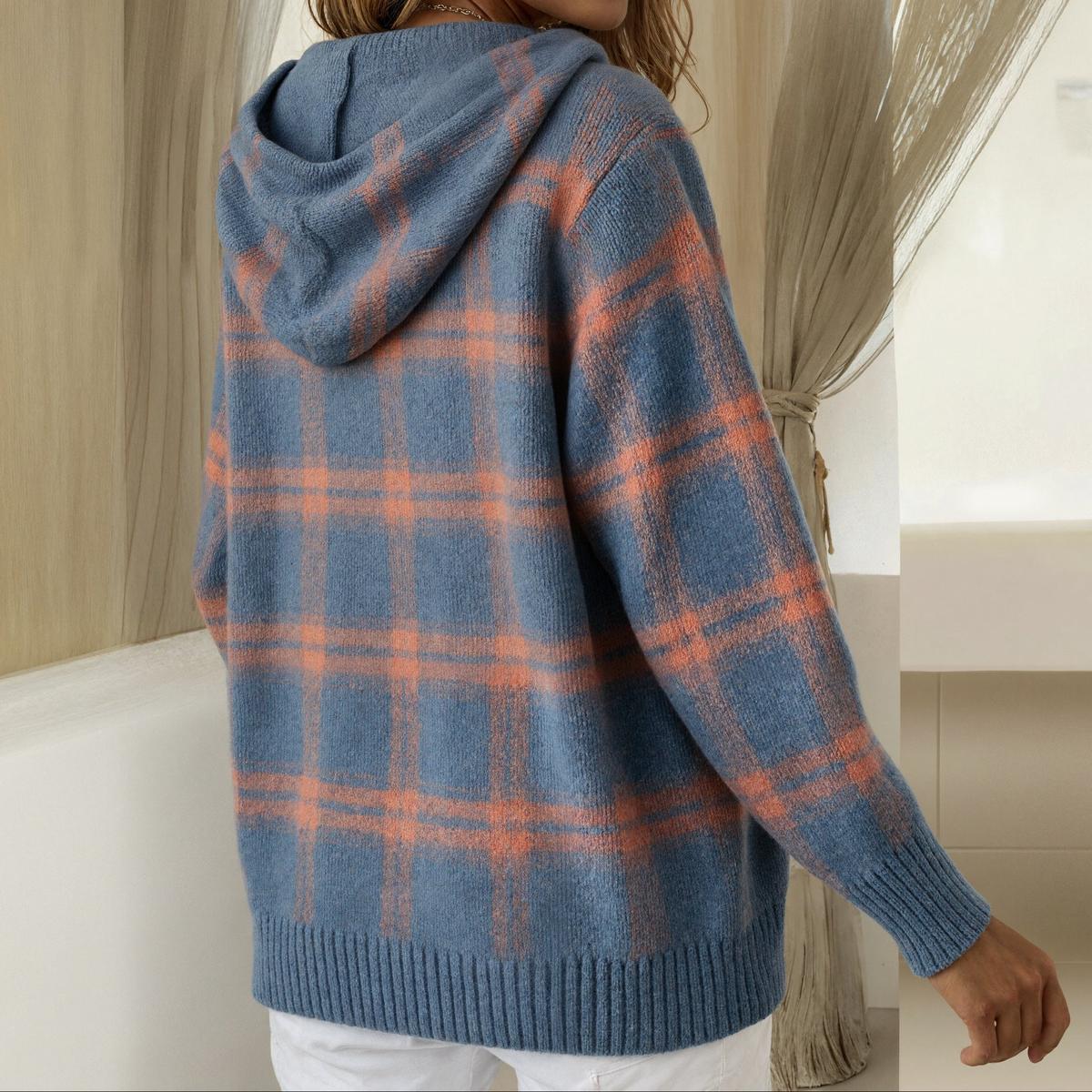 Susanne™ | Blårutigt Knapp-down Hoodie Tröja