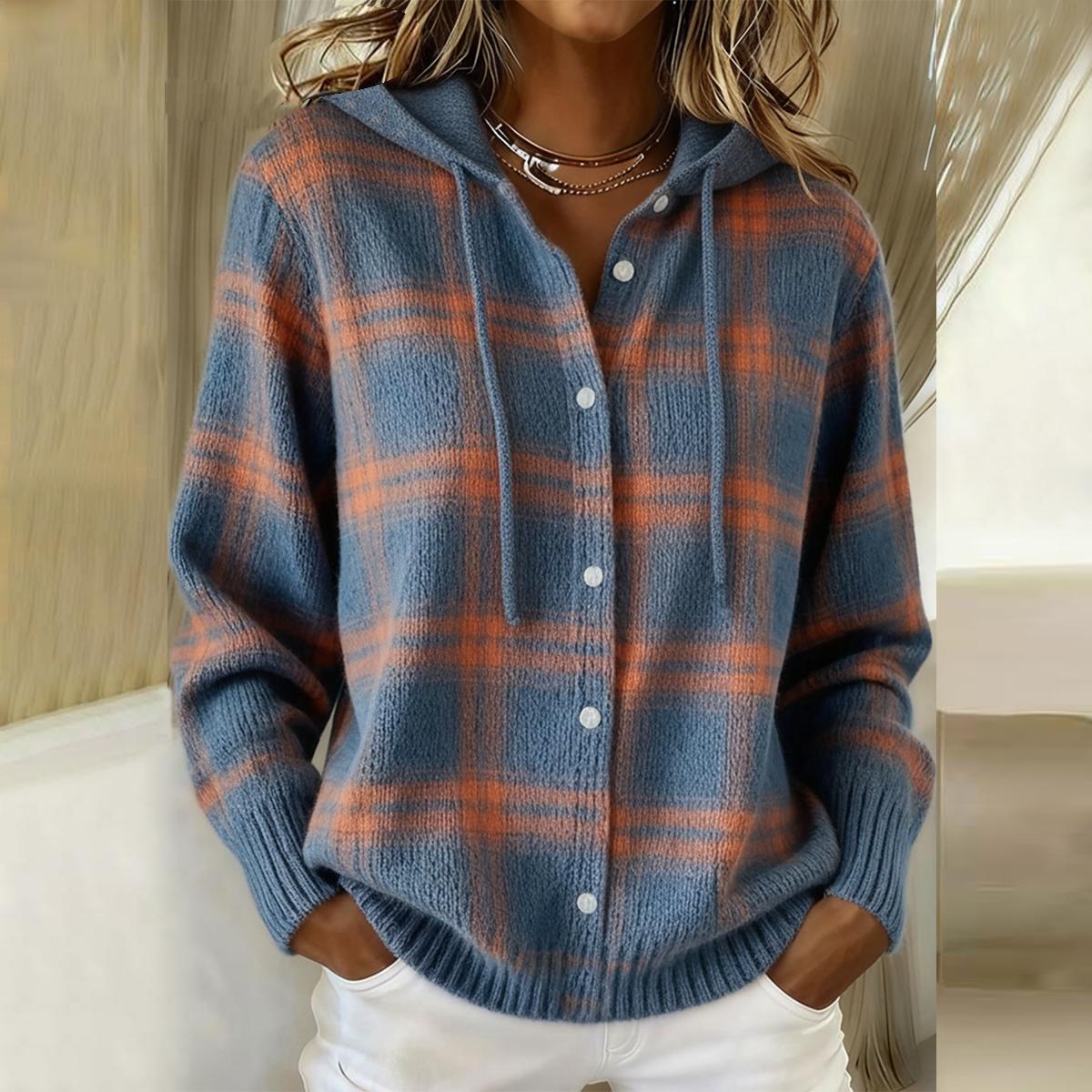Susanne™ | Blårutigt Knapp-down Hoodie Tröja