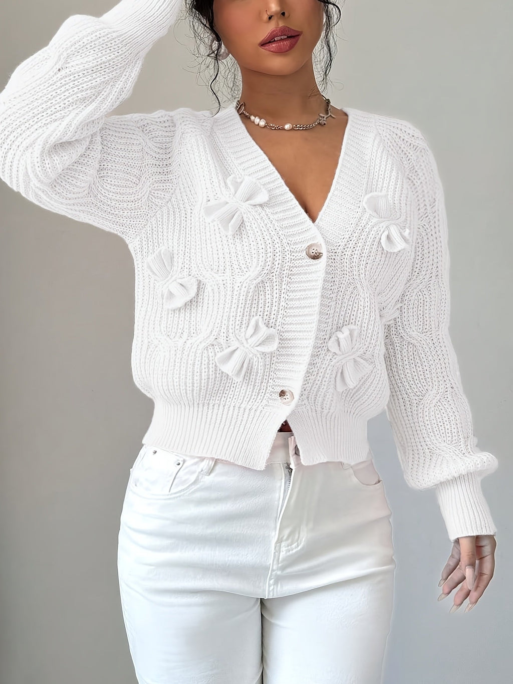 Elowen | Women's Bow Detail V Neck Knit Cardigan