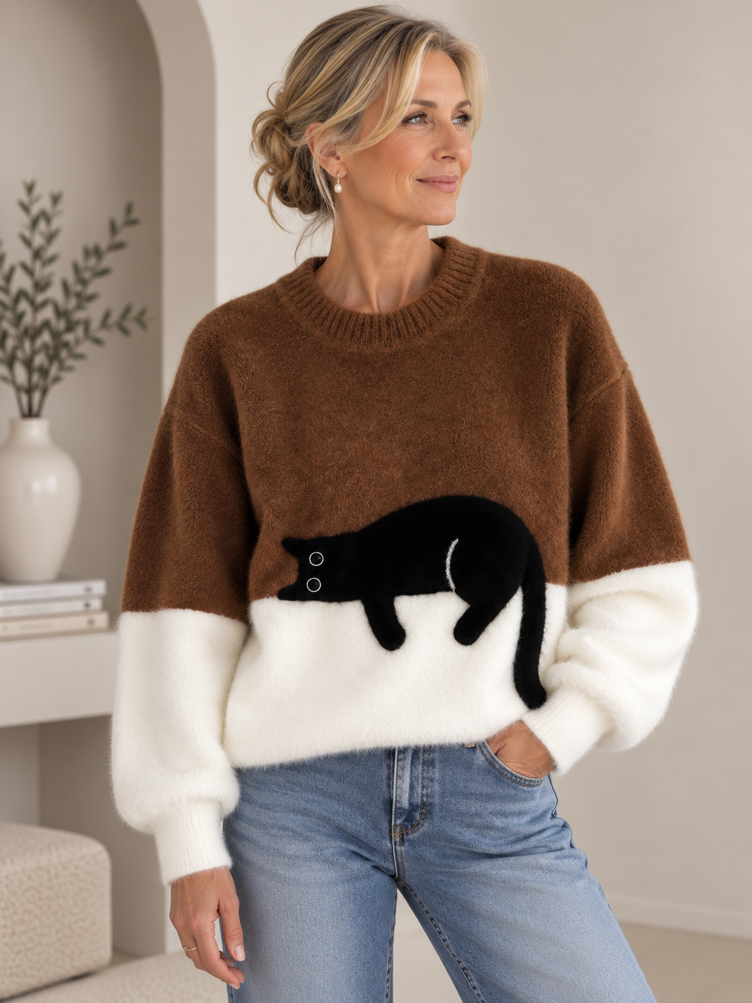 Aileen™ | Elegant Cat Print Oversized Sweater
