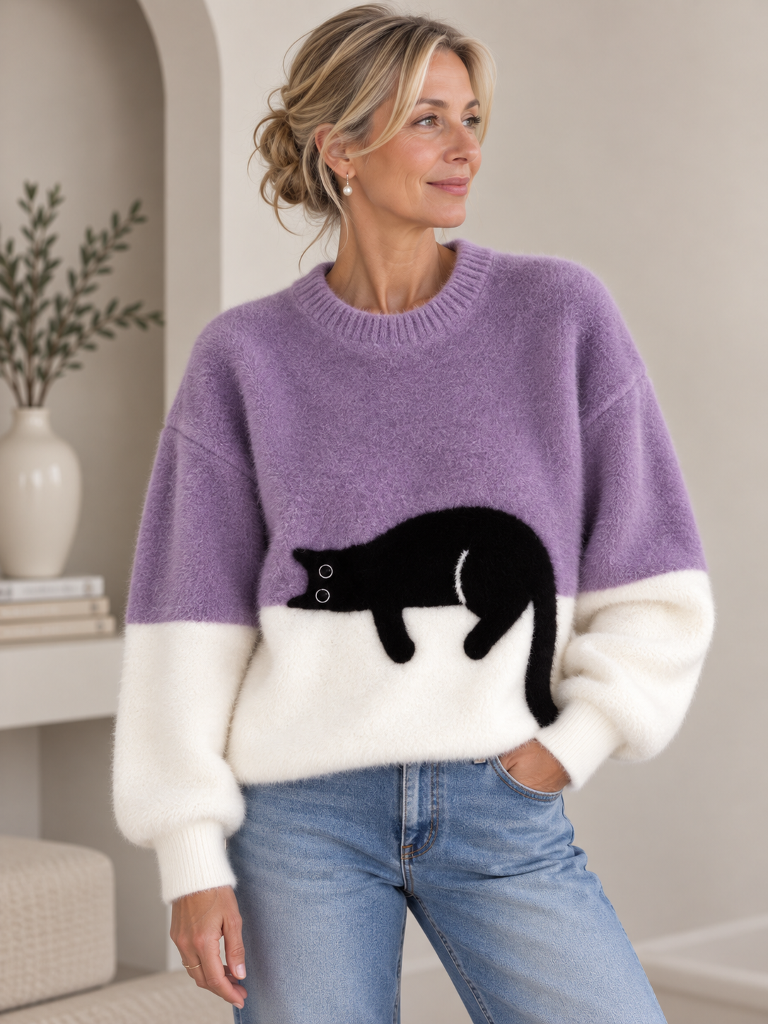 Aileen™ | Elegant Cat Print Oversized Sweater