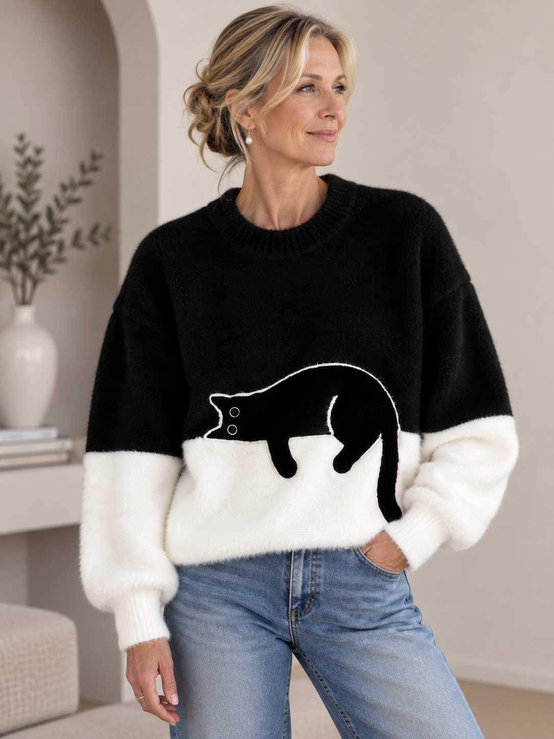 Aileen™ | Elegant Cat Print Oversized Sweater