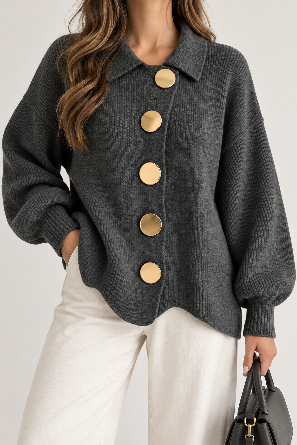 Isadora™ | Oversized Collared Cardigan With Large Metal Buttons