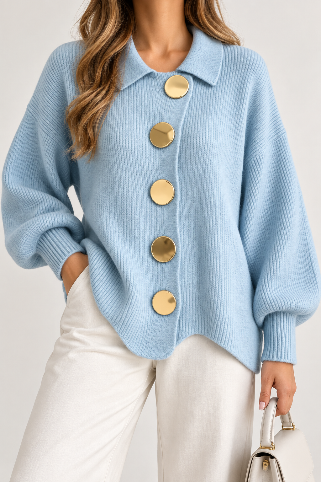 Isadora™ | Oversized Collared Cardigan With Large Metal Buttons