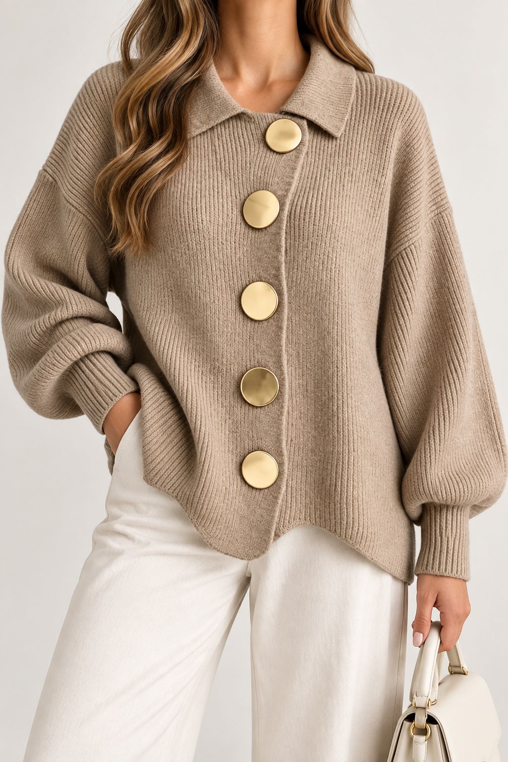 Isadora™ | Oversized Collared Cardigan With Large Metal Buttons