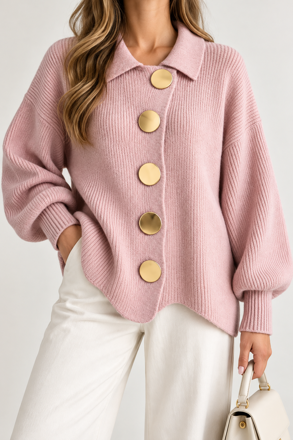 Isadora™ | Oversized Collared Cardigan With Large Metal Buttons