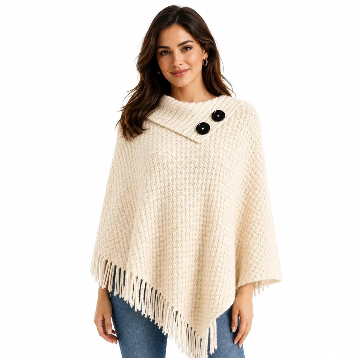 Women's Warm Poncho Sweater with Fringe & Button Collar