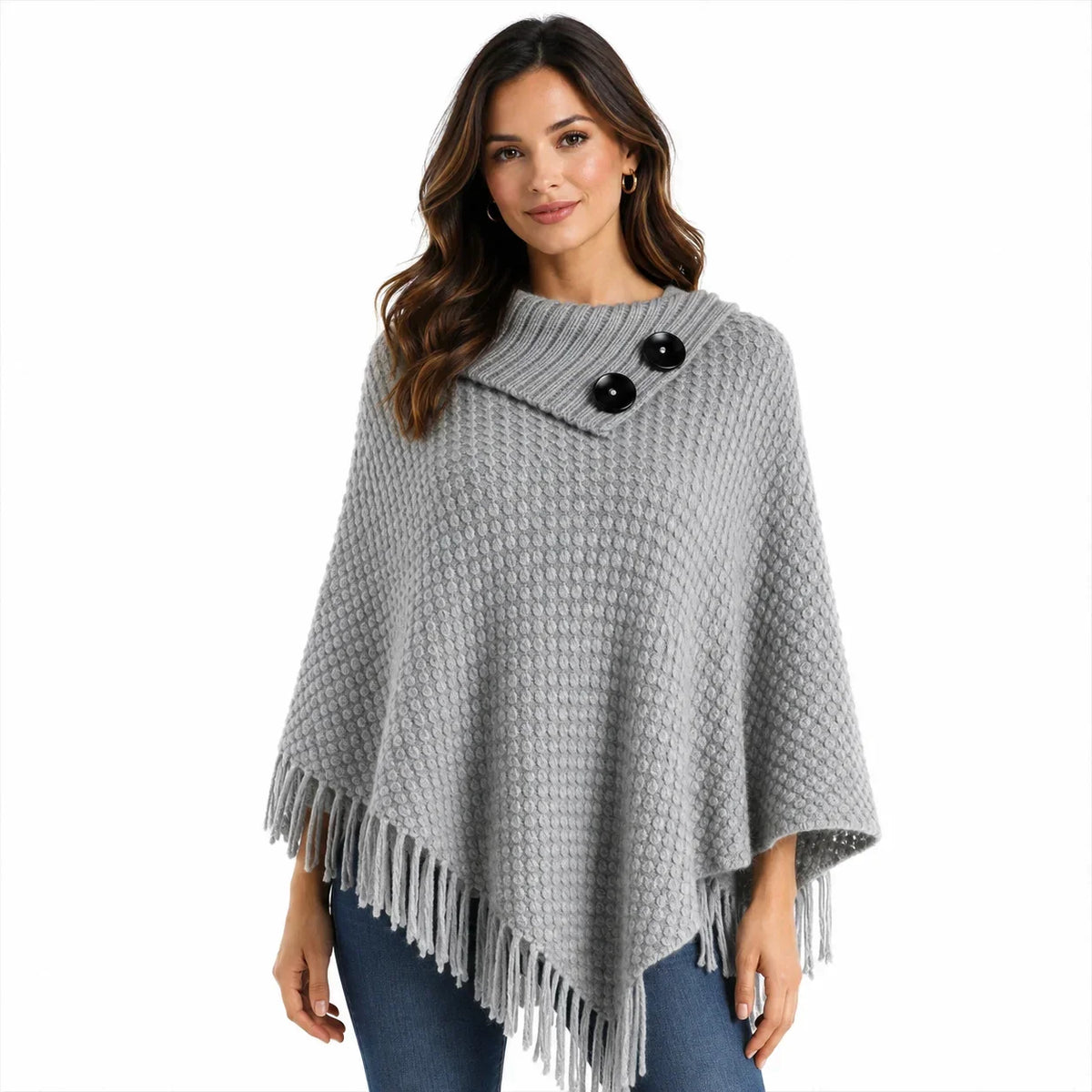 Women's Warm Poncho Sweater with Fringe & Button Collar