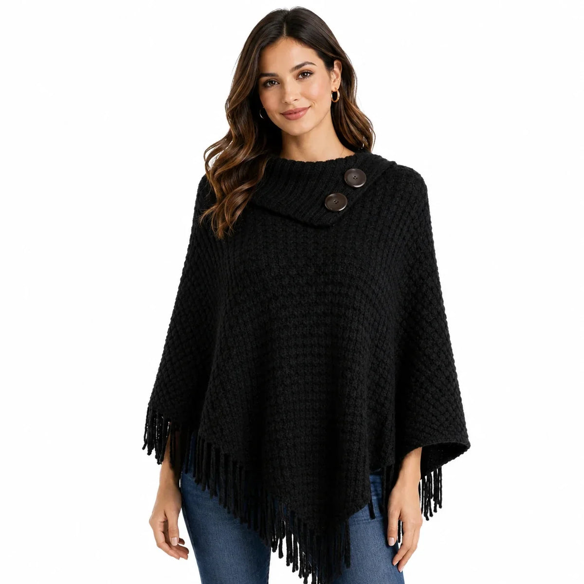 Women's Warm Poncho Sweater with Fringe & Button Collar