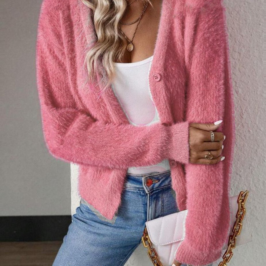 Fluffy V-Neck Knit Cardigan Sweater with Button-Front Closure