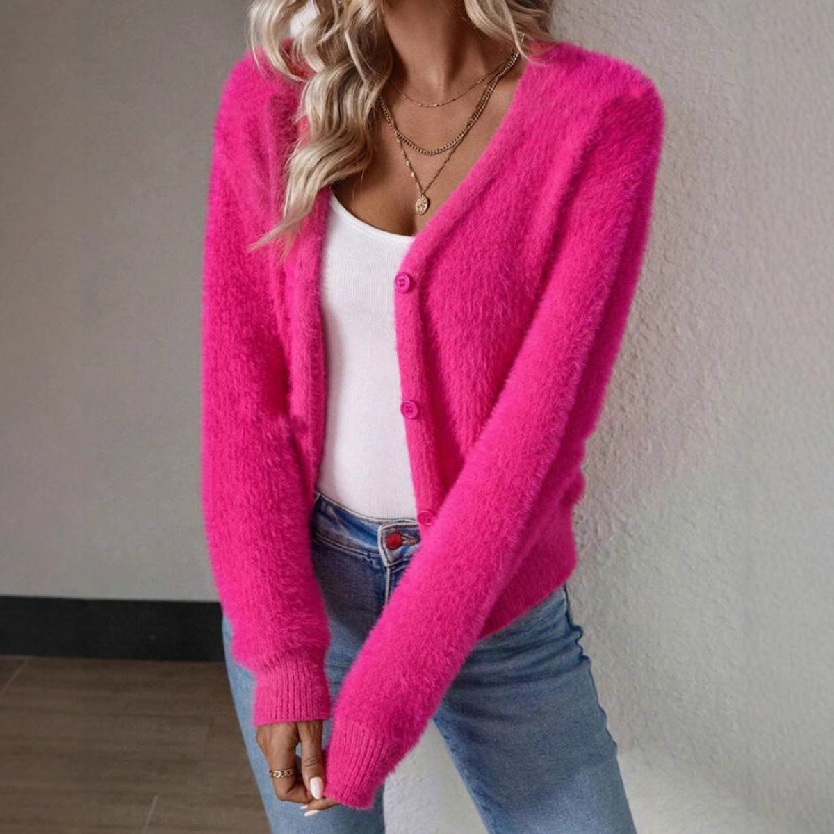 Fluffy V-Neck Knit Cardigan Sweater with Button-Front Closure