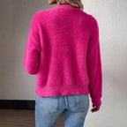 Fluffy V-Neck Knit Cardigan Sweater with Button-Front Closure