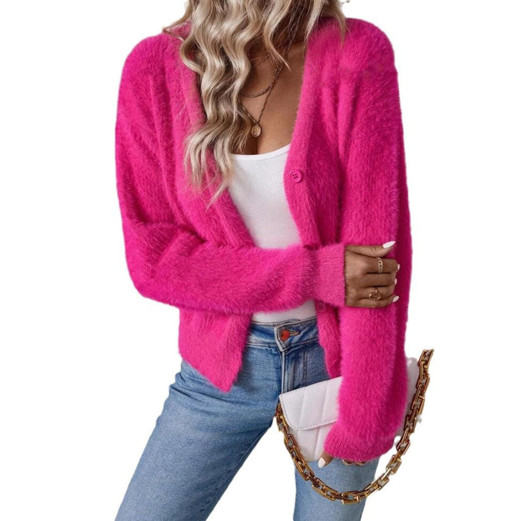 Fluffy V-Neck Knit Cardigan Sweater with Button-Front Closure