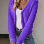 Fluffy V-Neck Knit Cardigan Sweater with Button-Front Closure