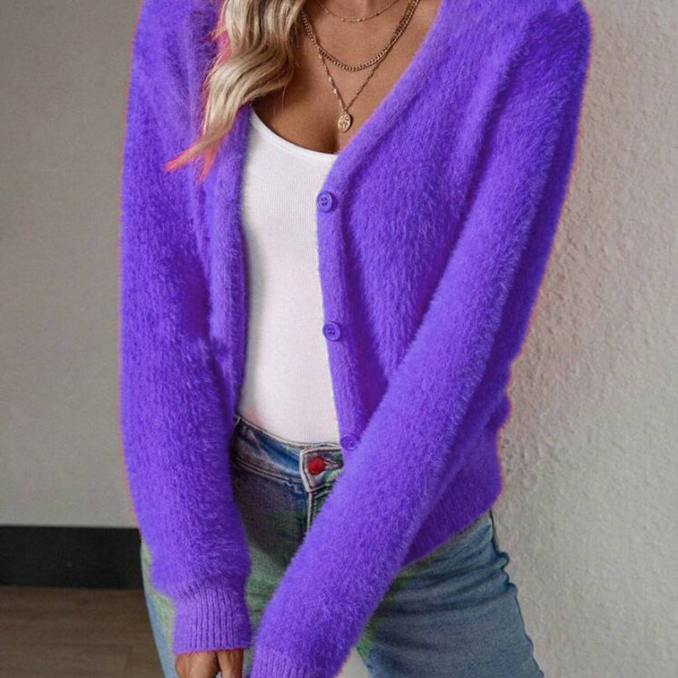 Fluffy V-Neck Knit Cardigan Sweater with Button-Front Closure