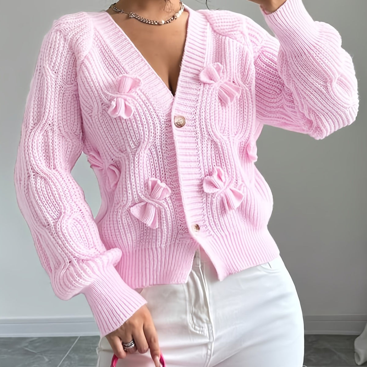 Elowen | Women's Bow Detail V Neck Knit Cardigan