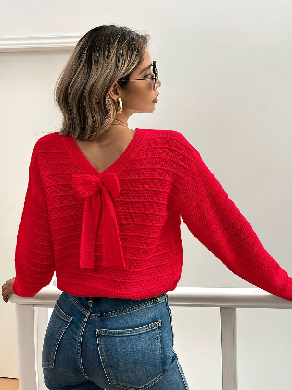 Roselle | Women's V Neck Bow Detail Knit Sweater