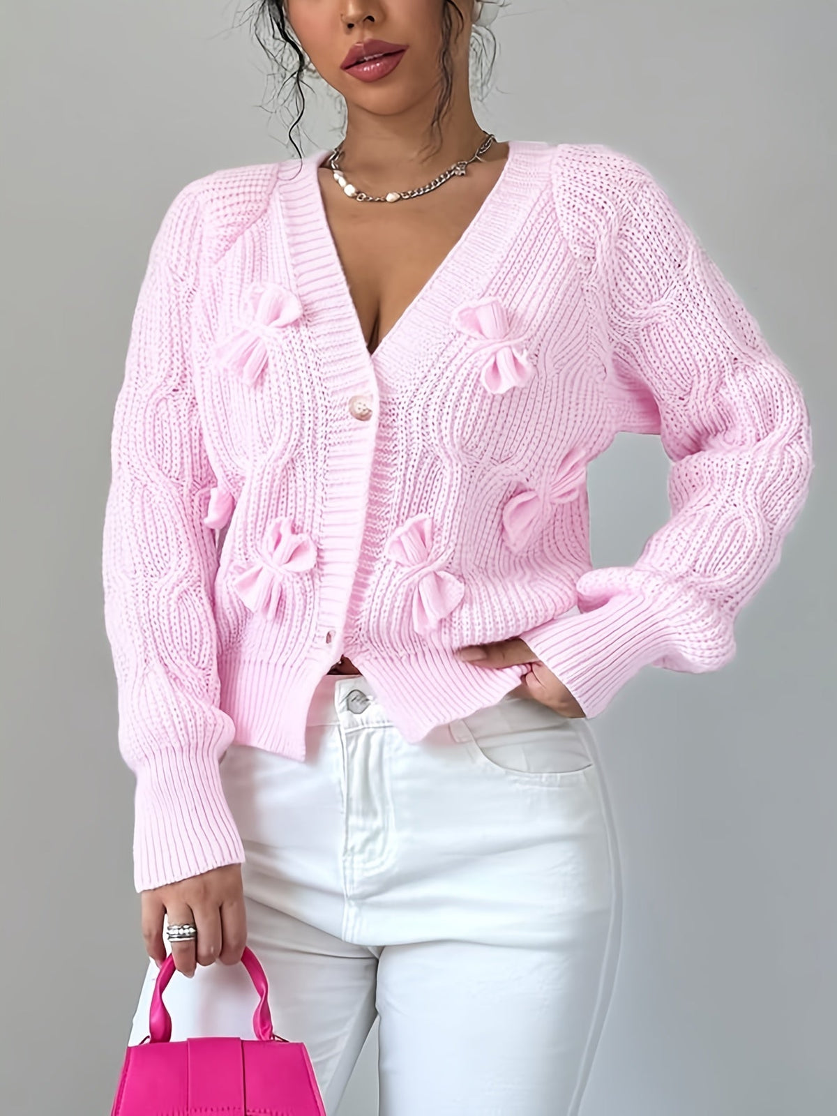 Elowen | Women's Bow Detail V Neck Knit Cardigan