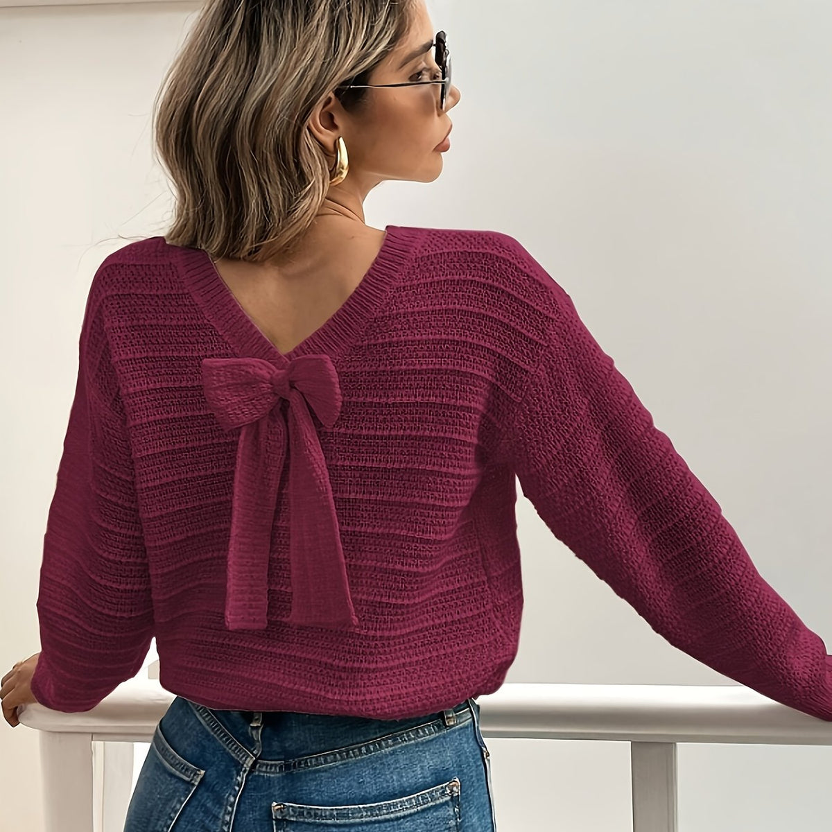 Roselle | Women's V Neck Bow Detail Knit Sweater